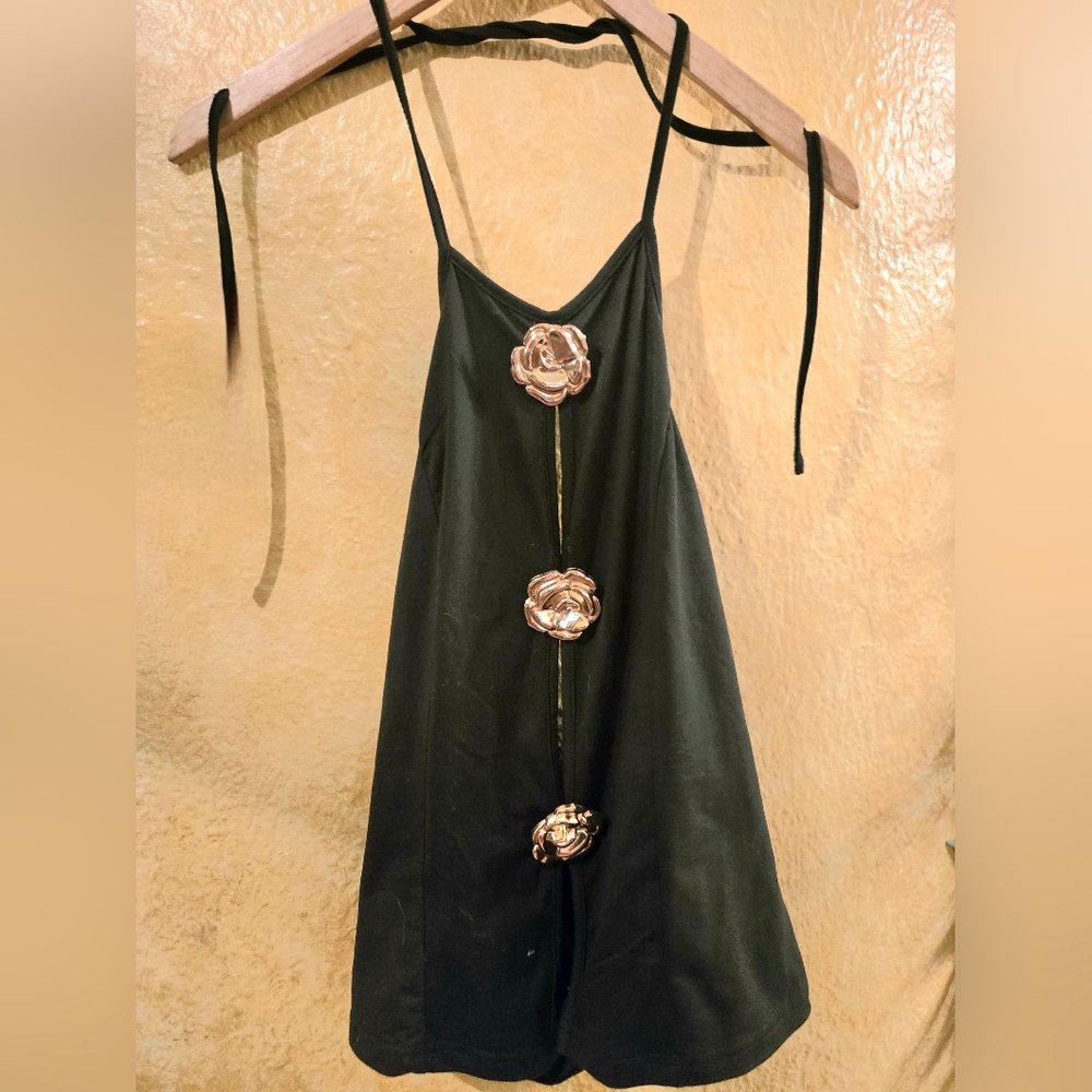 Black Halter Top with Gold Floral Accents